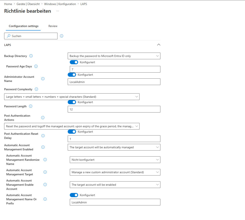 Windows-LAPS-Richtlinie im Intune Admin Center mit den Einstellungen aus der Tabelle